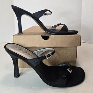 Chinese Laundry Black Satin Strap Heels with Rhinestones Buckles in Size 10